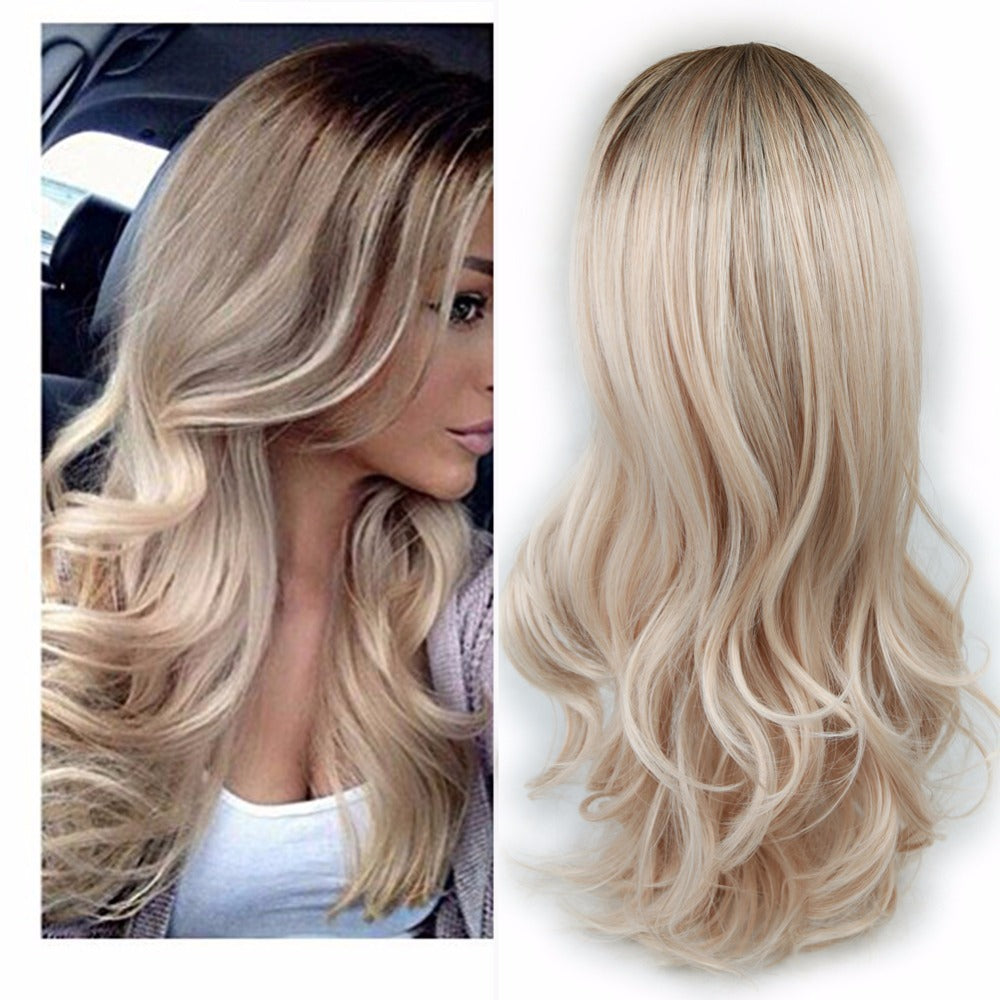 Women Blonde Ombre Hair Black Root Long Curly Wigs Women Blonde Ombre Hair Black Root Long Curly Wigs